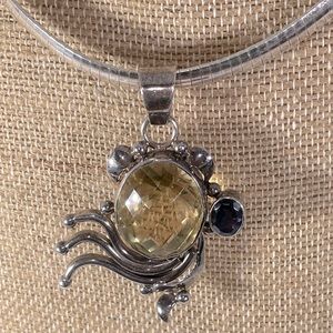 Faceted Citrine Gemstone & Sapphire Fish Pendant & Sterling Silver Necklace 15”